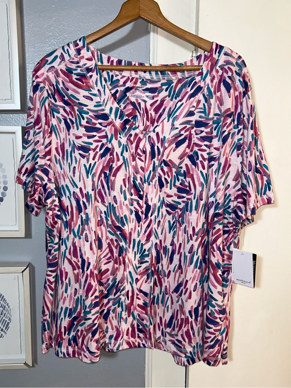 Westbound Women's Size 2X V-Neck Short Sleeve Popover Top in Pink Multi NWT